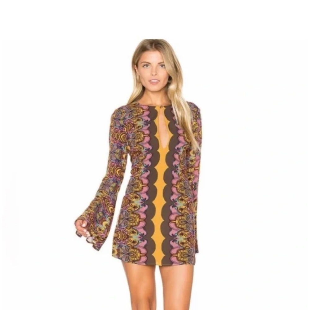 Free People Ossie Tunic Vibes Bell Sleeve Paisley Mini Shift Dress Gold Size 6